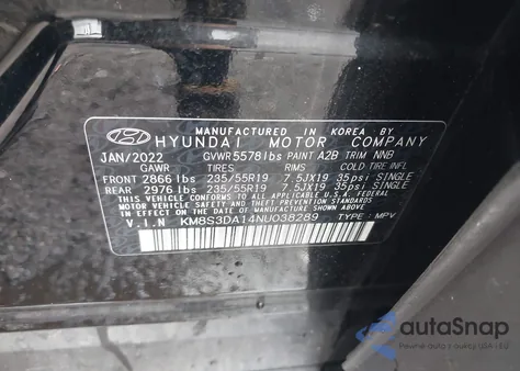 2022 Hyundai Santa Fe Hybrid Sel Premium from USA, damaged, VIN KM8S3DA14NU038289